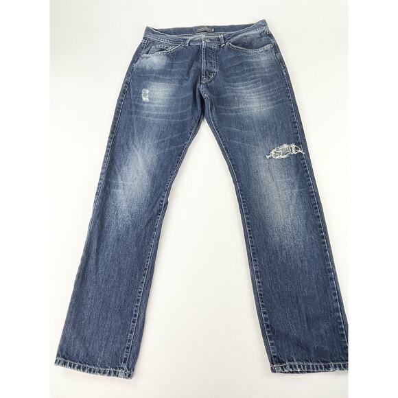 Christian Audigier Jeans Men’s 34X32 Blue Denim Button Fly Distressed Whiskered - Picture 1 of 11